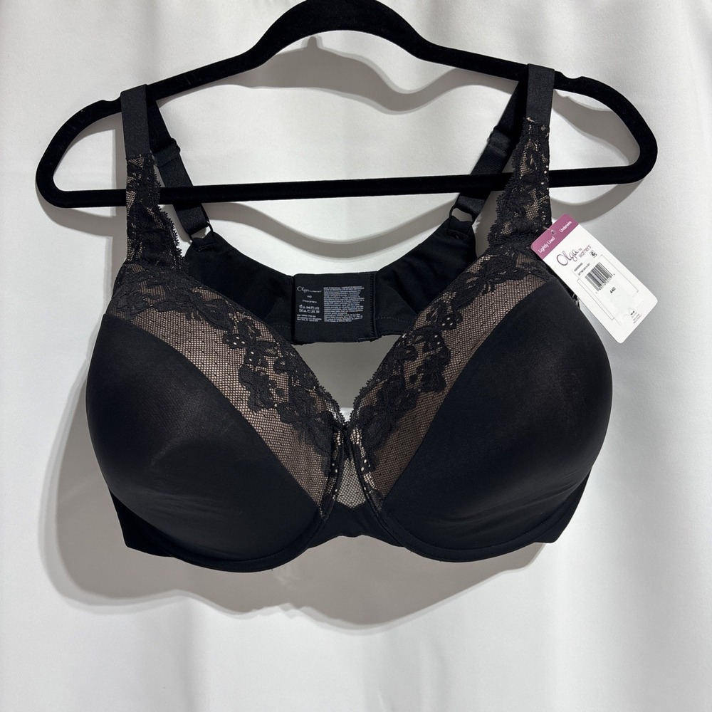 NWT Olga by Warners Cloud 9 Underwire GF7961A014-001Black Bra W/Lace Size 44D